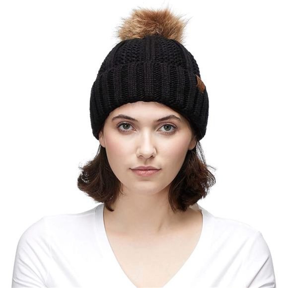 C.C Exclusives Fuzzy Lined Knit Fur Pom Beanie Hat (YJ-820)